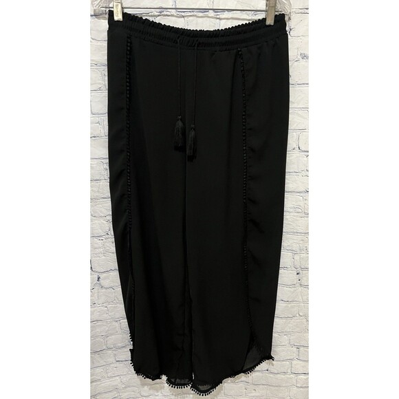 Black Wide-Leg Sheer Pants with drawstring waist and tassel details Swim Cover L - Picture 1 of 6